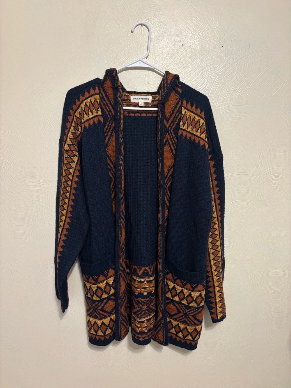 Lucky Brand Southwestern Hooded Cardigan Aztec Boho Knit Sweater Large